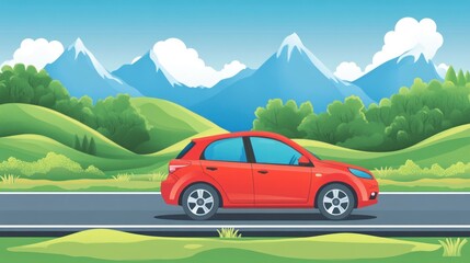 Wall Mural - A red car driving on a road through a scenic landscape with mountains and greenery.