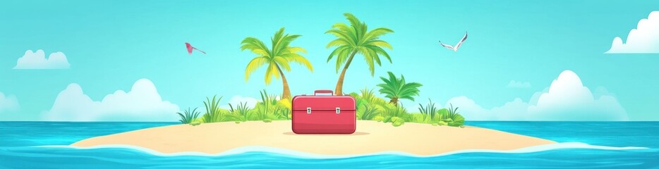 Canvas Print - A tropical island scene featuring a suitcase surrounded by palm trees and ocean waves.