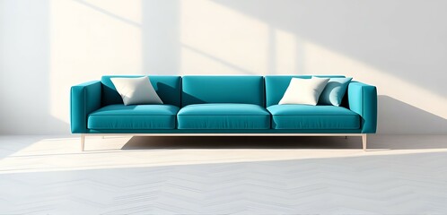 blue sofa with two white pillows in empty living room