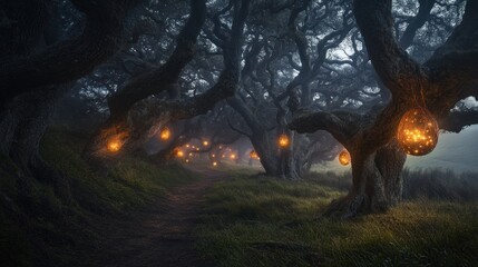 Poster - Enchanted forest path illuminated by glowing lanterns in a misty atmosphere.