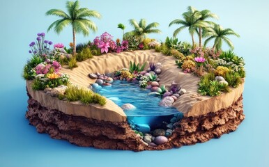 Sticker - A vibrant miniature landscape featuring a water pool, lush plants, and colorful flowers.