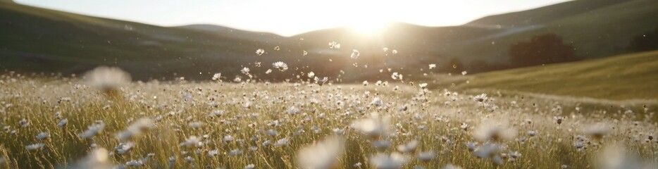 Poster - A serene landscape featuring a field of flowers under a warm sunset glow.