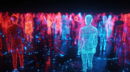 Poster - Glowing light trails connect individuals in a crowd, visualizing the dynamic flow of information in the digital age