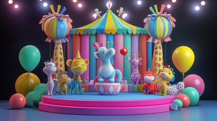 Poster - A colorful circus scene featuring playful animal characters and festive decorations.