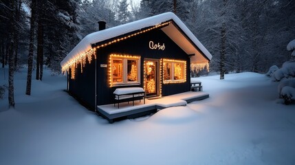 Canvas Print - Cozy cabin with warm lights decorated for the holidays surrounded by a snowy winter forest during nighttime.