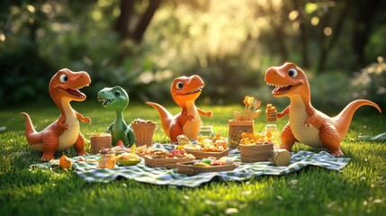 Poster - A playful picnic scene with dinosaur toys enjoying food in a sunny outdoor setting.