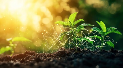 Wall Mural - Two green seedlings growing in rich soil with a network of glowing lines connecting them, symbolizing growth, connection, and technology.