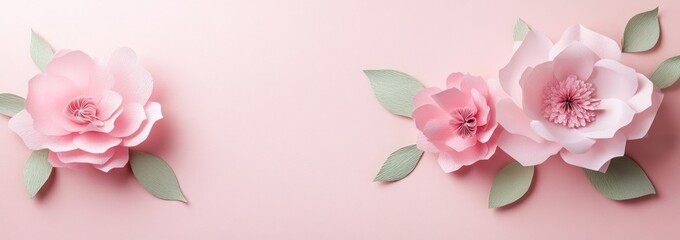 Poster - A soft pink background featuring delicate paper flowers and leaves, ideal for decoration.