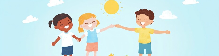 Poster - Three children joyfully holding hands under the sun in a bright, cheerful setting.