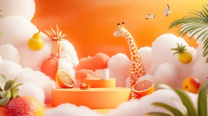 Poster - A whimsical scene featuring a giraffe among colorful fruits and clouds in an orange backdrop.