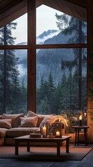 Poster - A cozy living room with a large window overlooking a mountain range