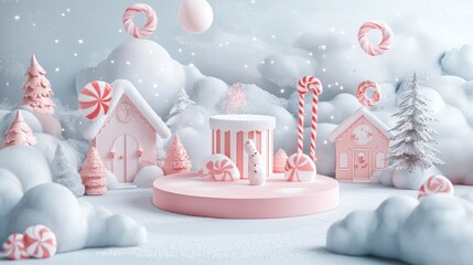 Wall Mural - A whimsical winter wonderland featuring candy-themed structures and snowy landscapes.