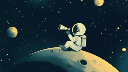 Wall Mural - an astronaut sitting on a moon, gazing through a telescope at distant planets.