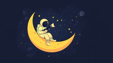 Wall Mural - an astronaut sitting on a crescent moon, gazing at stars with a flashlight.