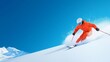© HanThar Fusion - A skier in vibrant gear glides through fresh powder on a sunny day, surrounded by snow-covered mountains.