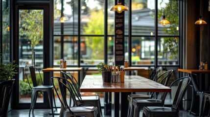 Poster - A cozy restaurant interior with wooden tables, metal chairs, and large windows showcasing greenery.