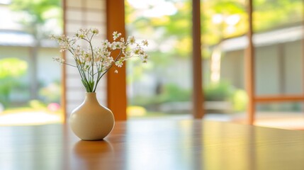 Poster - A minimalist vase with flowers on a wooden table in a serene indoor setting.