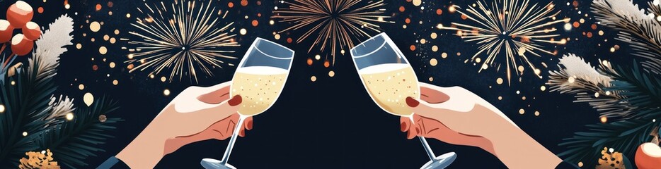 Wall Mural - Cheers with champagne glasses against a festive backdrop of fireworks.