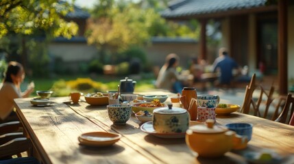 Wall Mural - A serene outdoor dining scene with a variety of dishes on a wooden table in a garden setting.