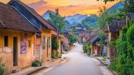 Sticker - Serene village street at sunset, showcasing traditional architecture and natural beauty.