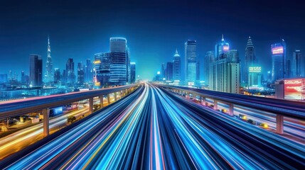 Sticker - A vibrant cityscape at night with illuminated skyscrapers and light trails from traffic.