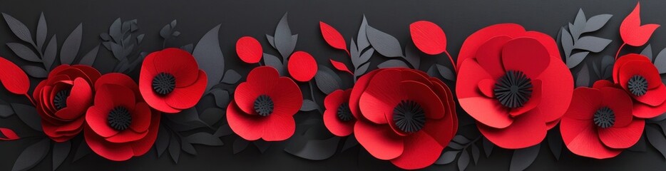 Poster - A decorative arrangement of vibrant red flowers with dark leaves on a black background.