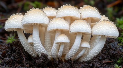 Aufkleber - Delicate White Mushrooms with Dew Drops on Soil