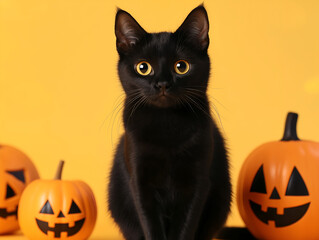 Black cat sitting near halloween pumpkin on orange background 