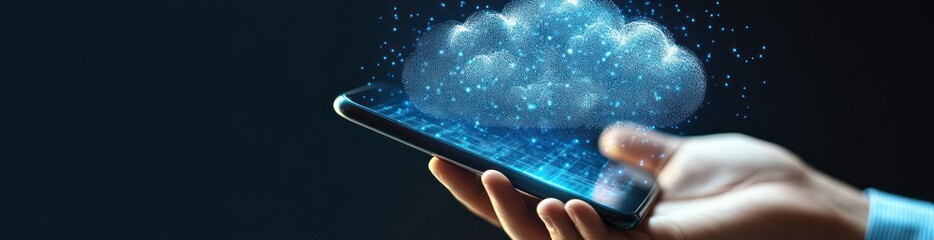 Wall Mural - A hand holding a smartphone displaying a digital cloud with data streams.