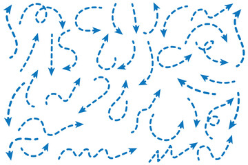 Poster - black dotted arrows set. wavy and curved dashed arrow collection. doodle sketched thin pointers and 