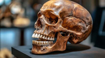 Poster - Realistic Human Skull on Display in Museum Exhibit