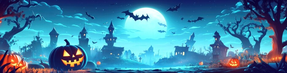 Sticker - A spooky Halloween scene featuring a full moon, bats, haunted houses, and carved pumpkins.