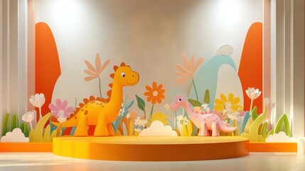 Canvas Print - A colorful stage featuring cartoon dinosaur figures and floral decorations for a playful setting.