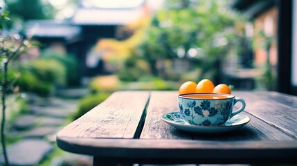 Poster - A decorative cup with yellow eggs sits on a wooden table in a serene garden setting.