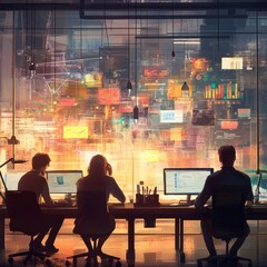 Poster - a creative office background with team members engaged in innovative problem-solving and brainstormi