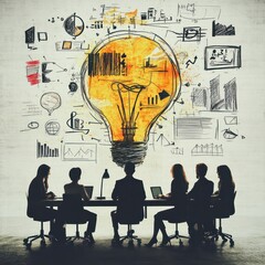 Poster - a creative office background with team members engaged in innovative problem-solving and brainstormi
