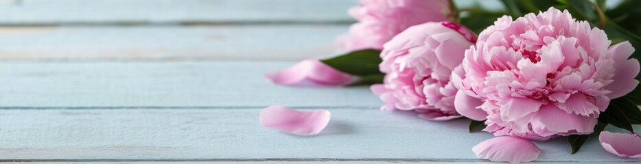 Poster - A serene arrangement of pink peonies on a wooden surface with scattered petals.