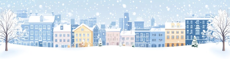 Poster - A snowy cityscape with colorful buildings and trees in a winter setting.