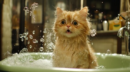 Poster - Playful Cat Splashing Water in a Sink