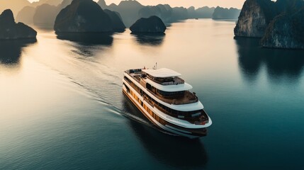 Poster - Luxury cruise ship sailing through calm waters surrounded by limestone islands during sunset, creating a serene and picturesque maritime landscape.