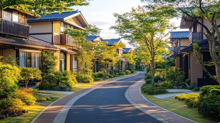 Sticker - A serene residential street lined with houses and lush greenery in a peaceful neighborhood.