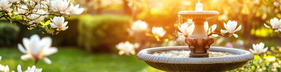 Poster - A serene garden scene featuring a fountain surrounded by blooming flowers at sunset.