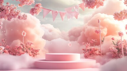 Wall Mural - A dreamy pink stage surrounded by clouds and flowers, perfect for a whimsical event.