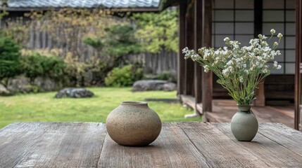 Poster - A serene garden scene featuring vases and flowers on a wooden table.