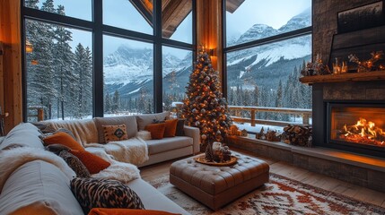 Poster - A cozy living room with a fireplace and a Christmas tree