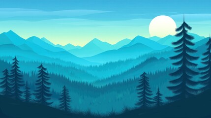 Sticker - A serene mountain landscape at dawn with layered hills and tall evergreen trees.