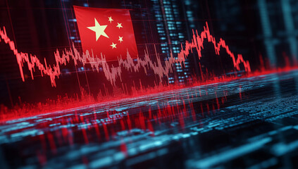 Wall Mural - A Chinese flag with a stock market chart, finance, economy and growth data.