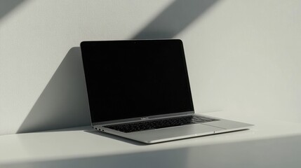 Poster - A sleek laptop computer rests on a crisp white desk, ready for productivity and inspiration to flow. Mockup for design. Isolated.