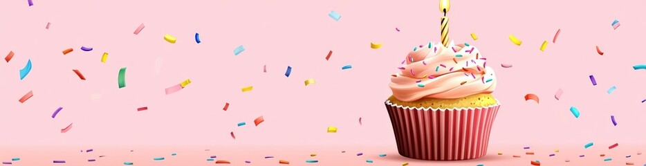 Sticker - A colorful cupcake with sprinkles and a candle, set against a pink background with confetti.