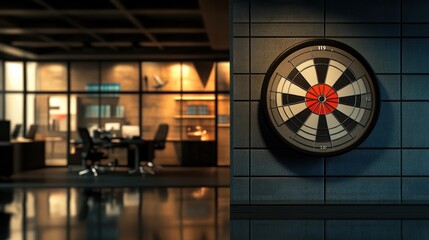 Poster - A target with darts hitting the bullseye, overlaying a corporate office setting, symbolizing strategic goals, business strategy, dynamic and dramatic compositions, with copy space